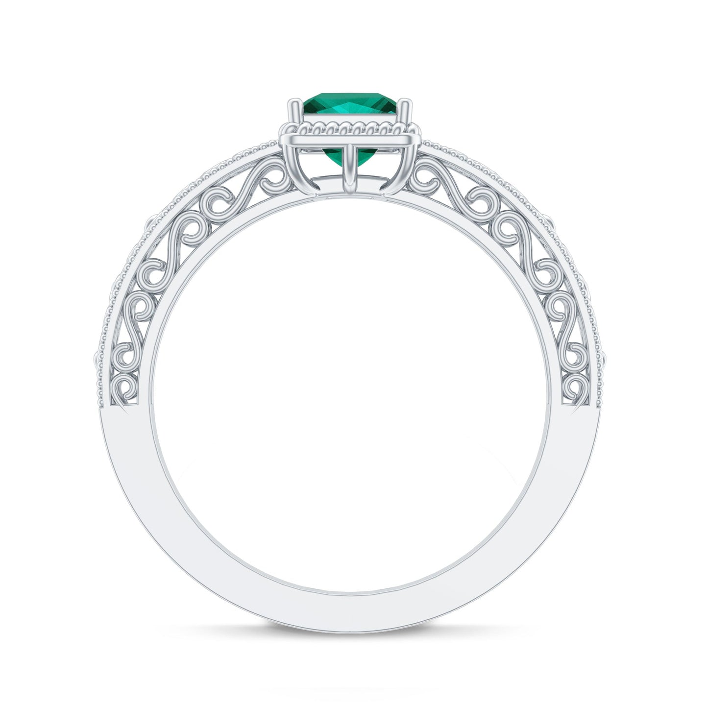 Vintage Inspired Princess Cut Lab Grown Emerald Promise Ring with Filigree Details