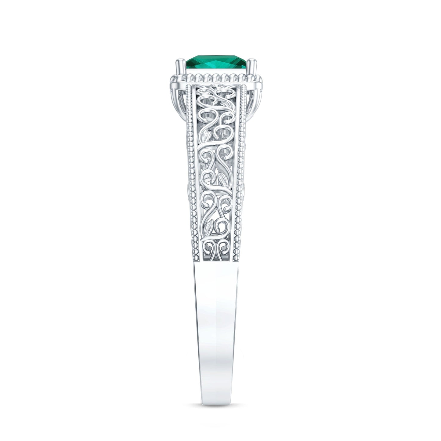 Vintage Inspired Princess Cut Lab Grown Emerald Promise Ring with Filigree Details