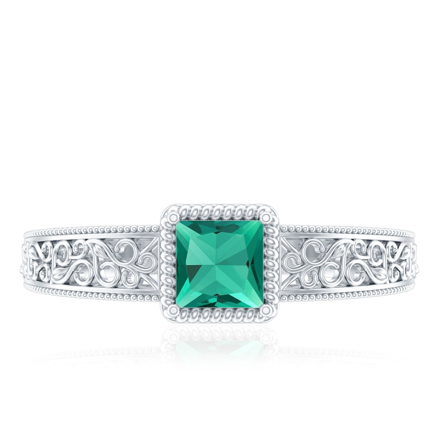 Vintage Inspired Princess Cut Lab Grown Emerald Promise Ring with Filigree Details