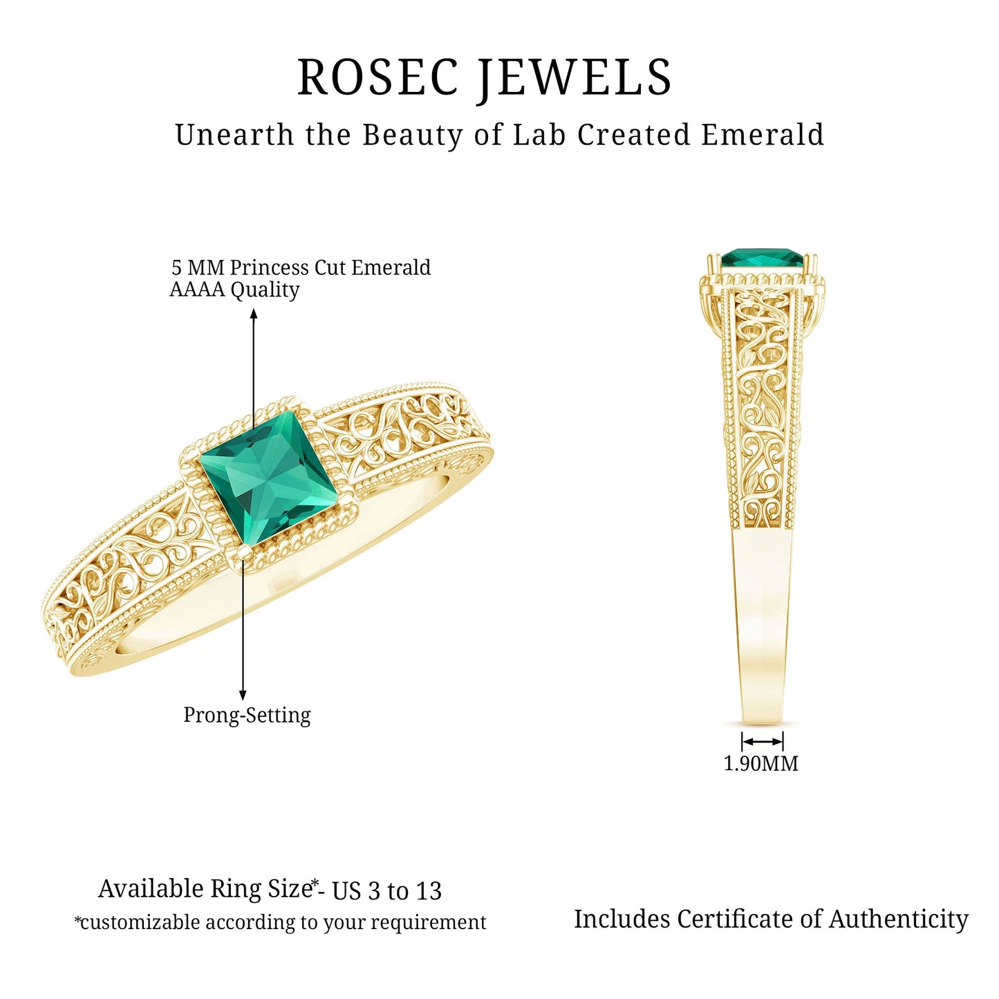 Vintage Inspired Princess Cut Lab Grown Emerald Promise Ring with Filigree Details