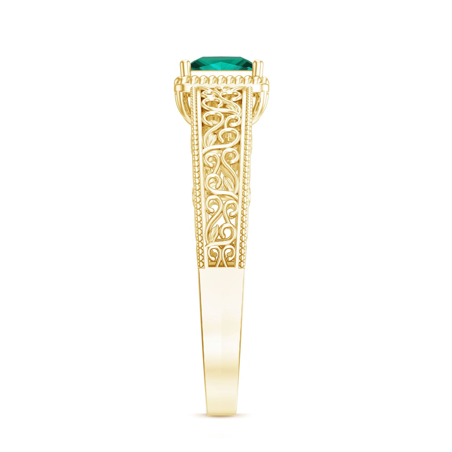 Vintage Inspired Princess Cut Lab Grown Emerald Promise Ring with Filigree Details