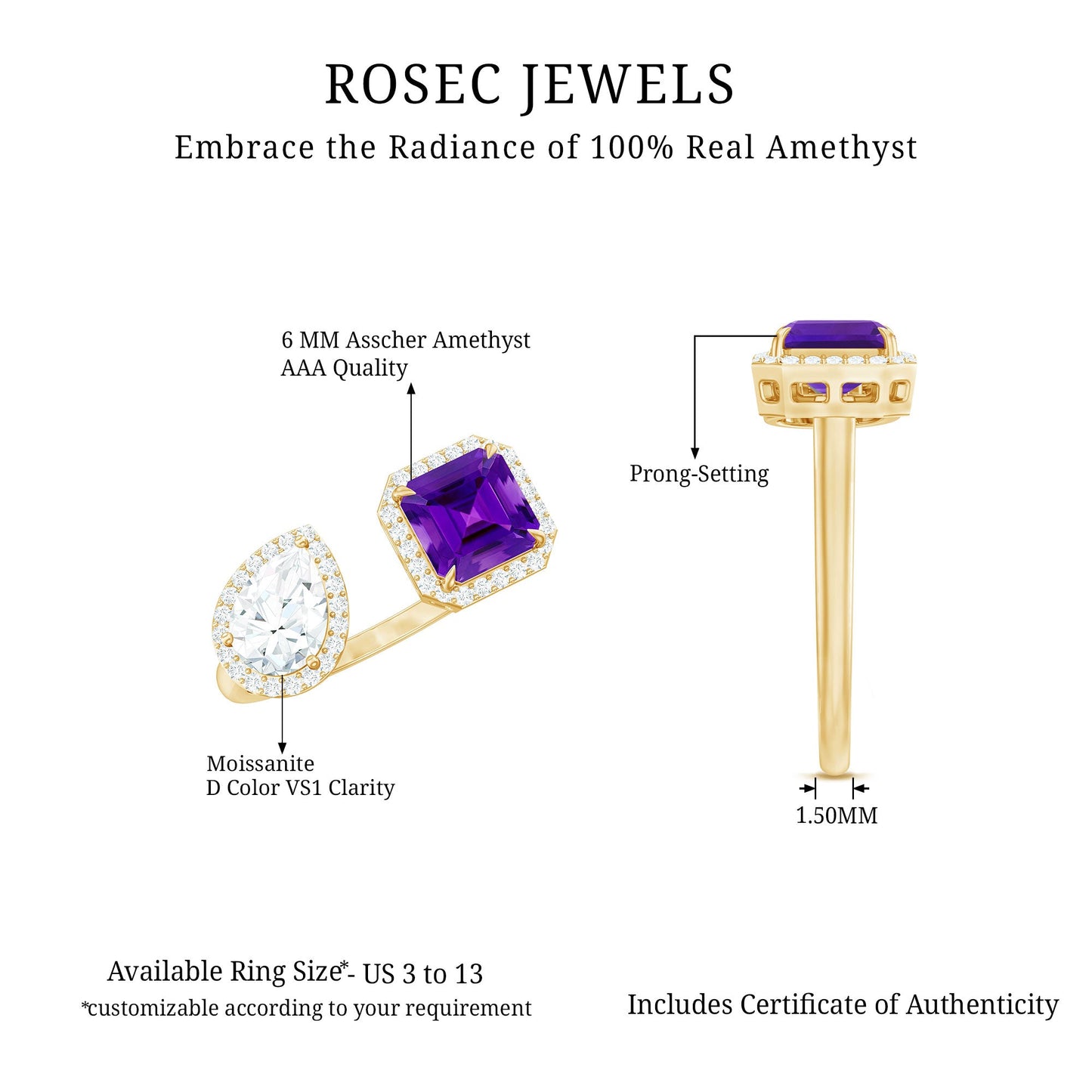 Certified Real Amethyst 2 Stone Engagement Ring with Moissanite