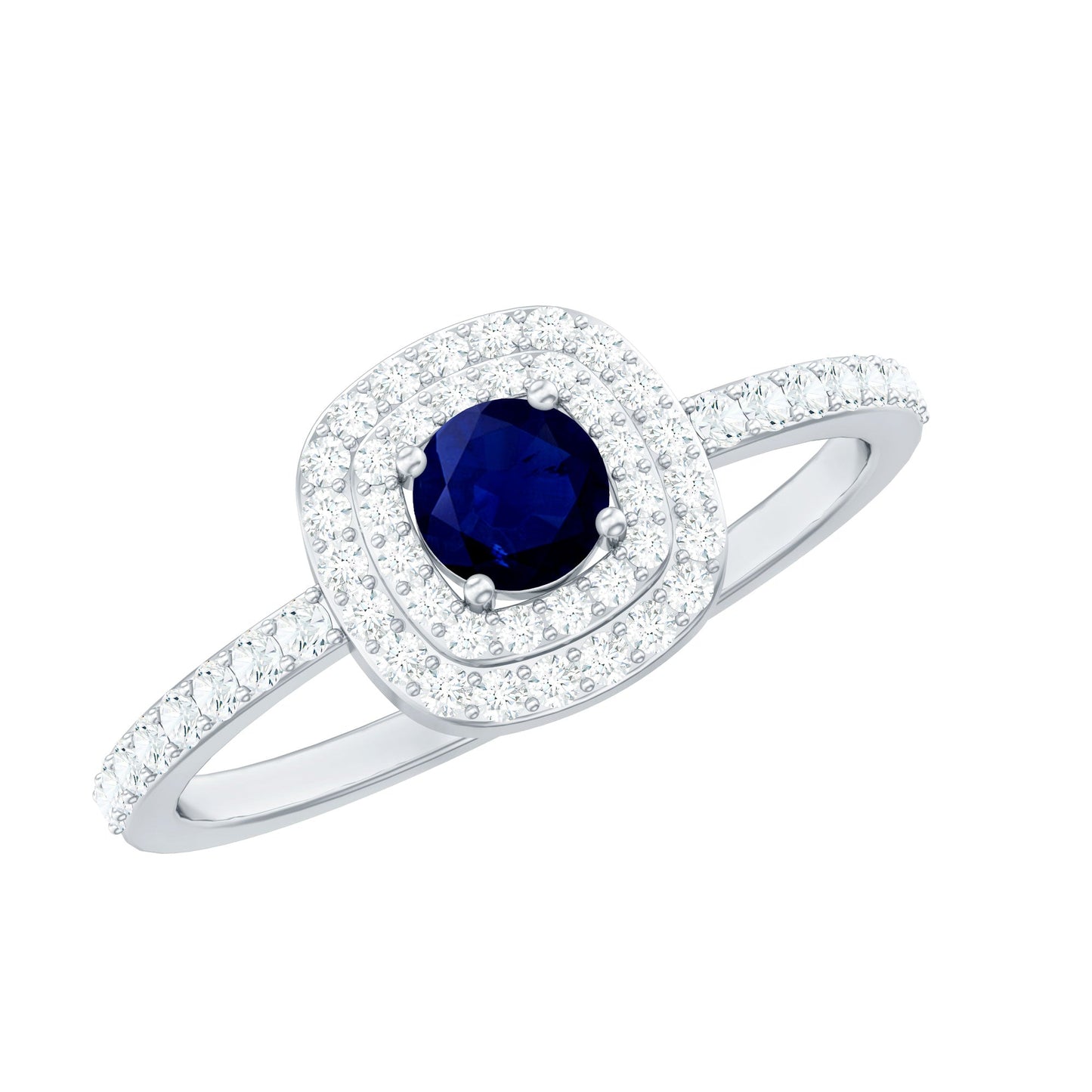 0.4 Carat Classic Blue Sapphire Double Halo Engagement Ring with Diamond