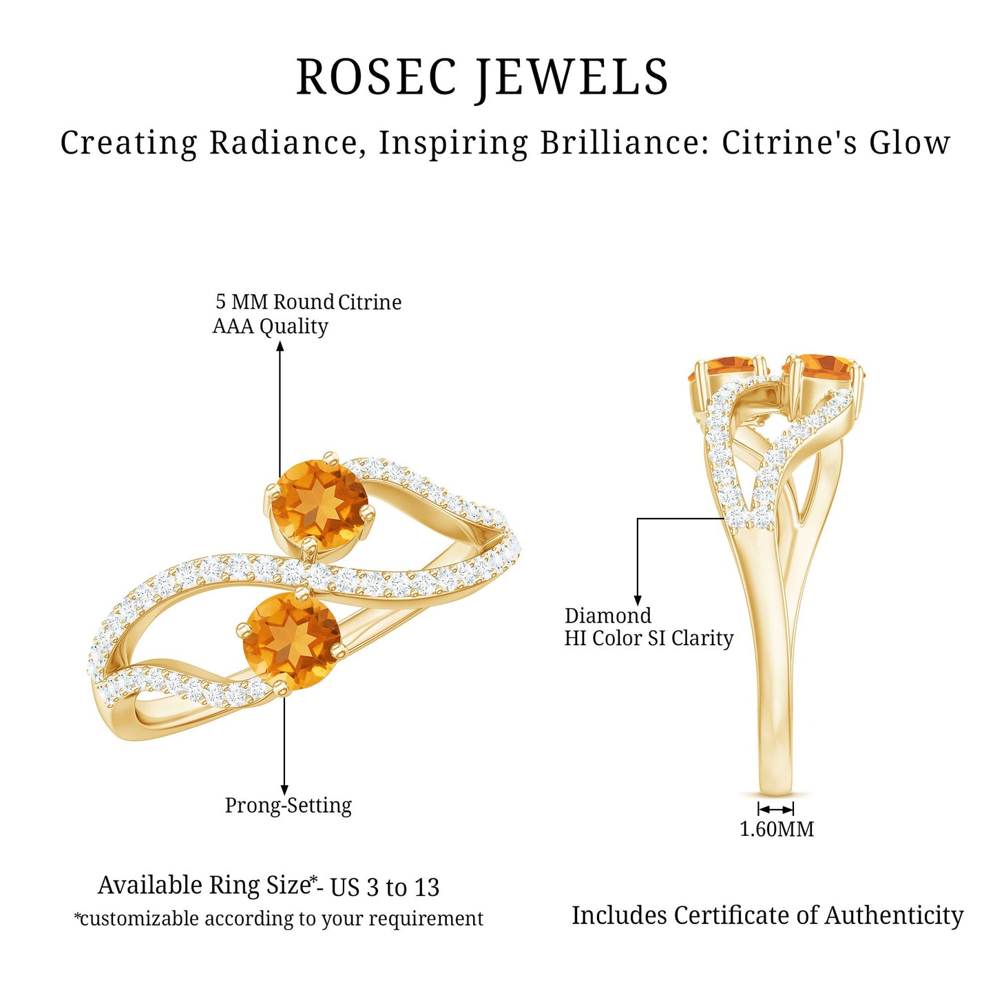 Natural Citrine Toi Et Moi Engagement Ring with Diamond