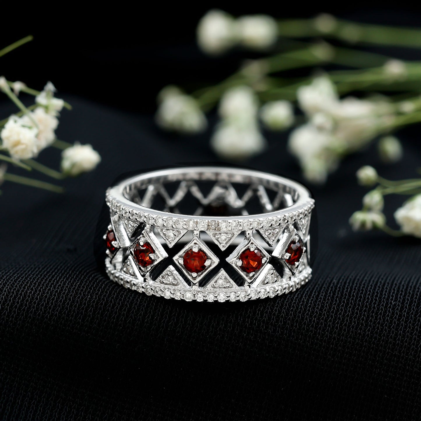 Art Deco Garnet Diamond Thick Wedding Band with Certificate