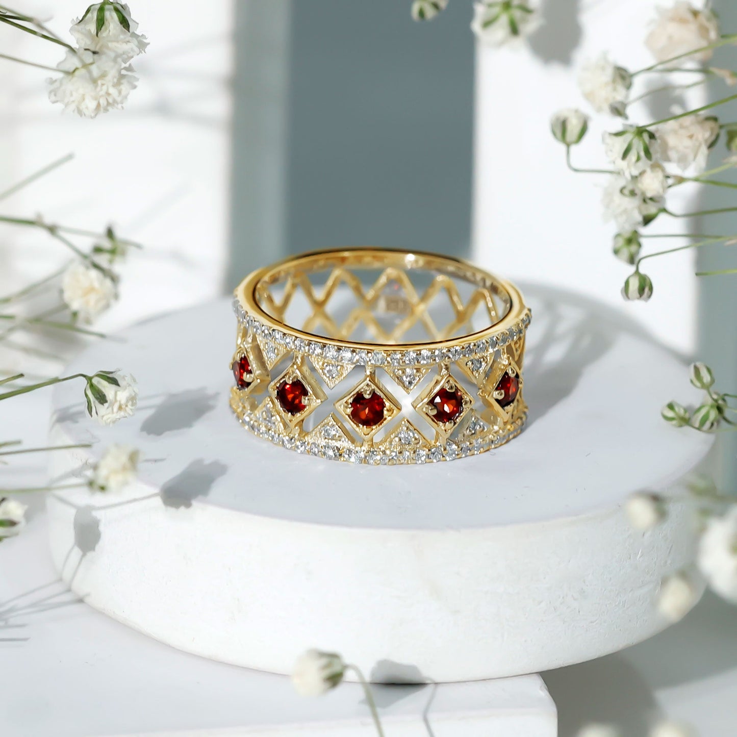 Art Deco Garnet Diamond Thick Wedding Band with Certificate