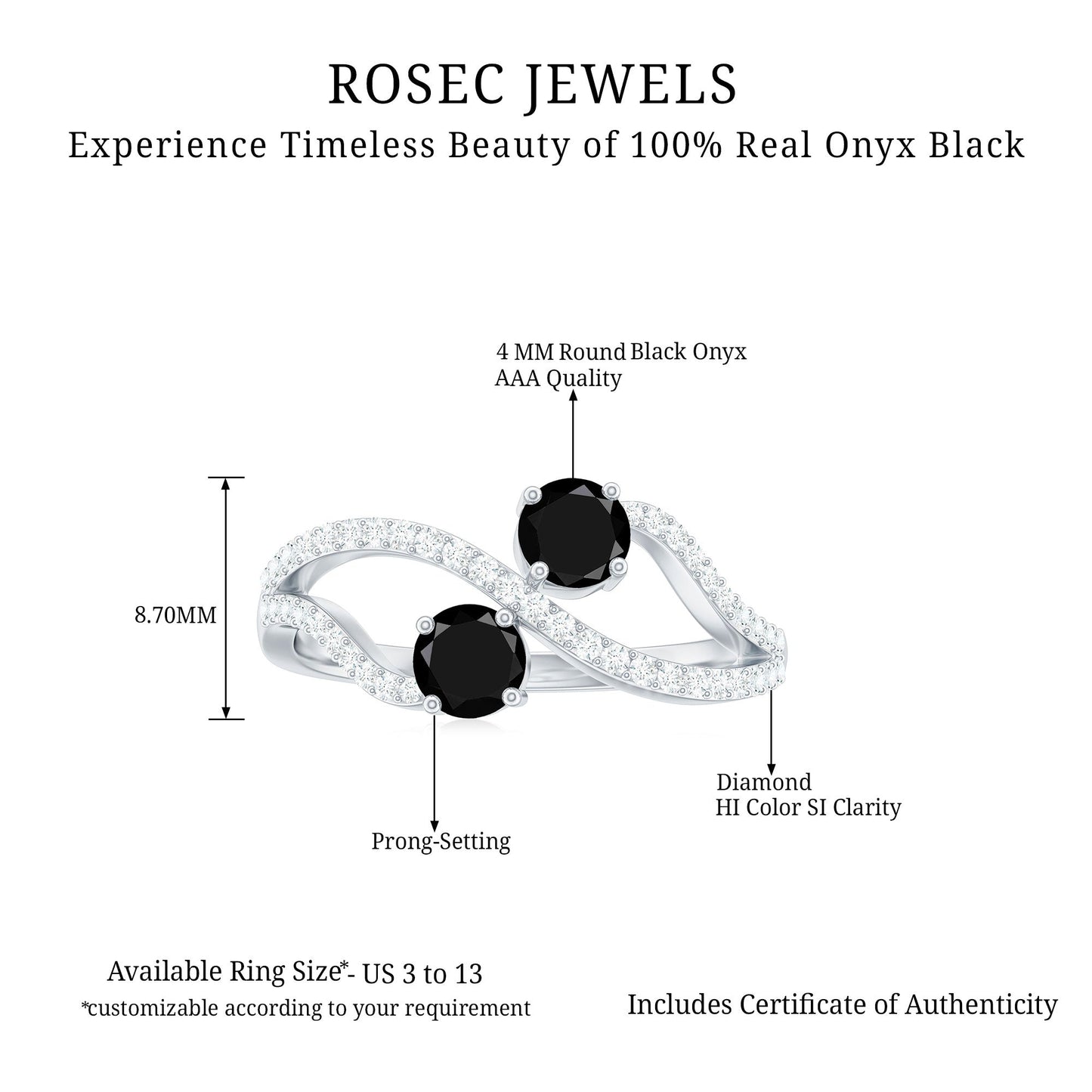 Natural Black Onyx 2 Stone Promise Ring with Diamond
