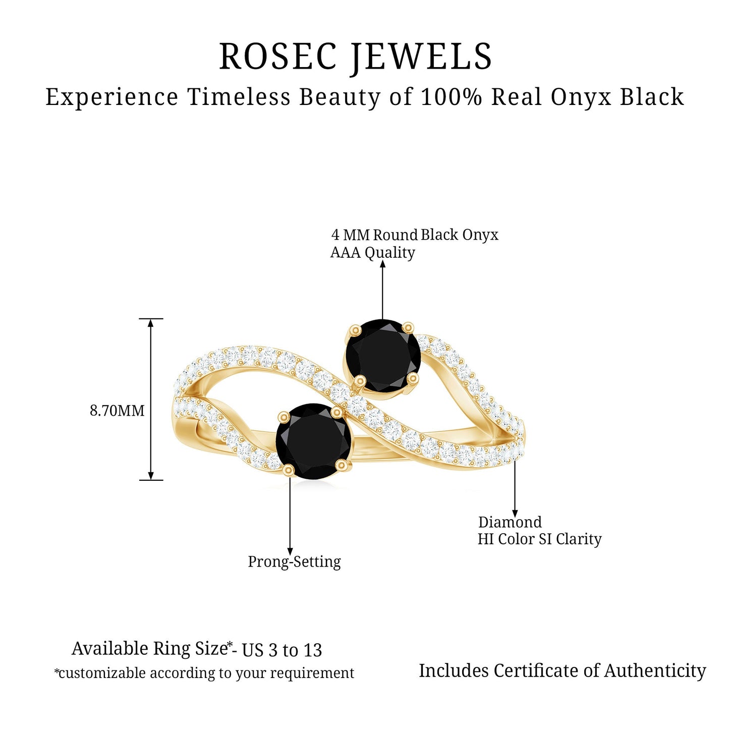 Natural Black Onyx 2 Stone Promise Ring with Diamond