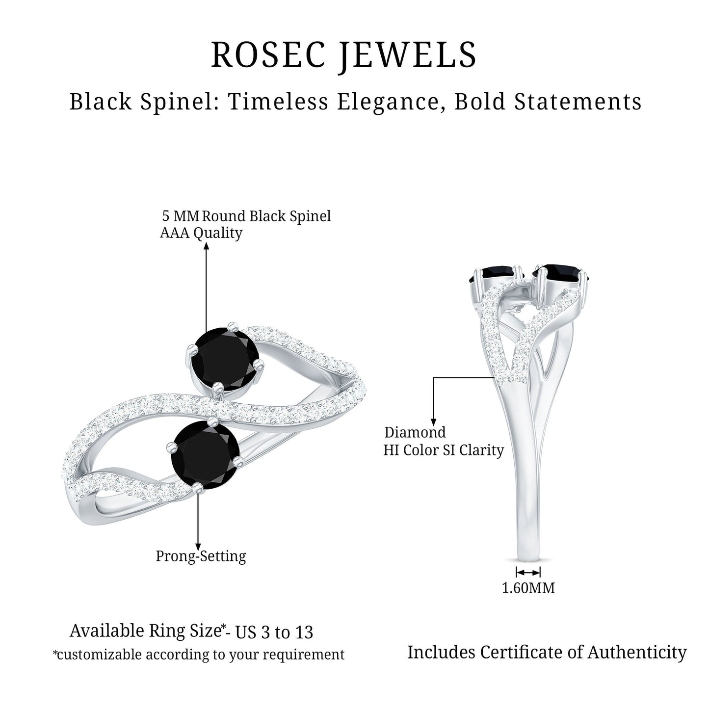 Natural Black Spinel 2 Promise Ring with Diamond