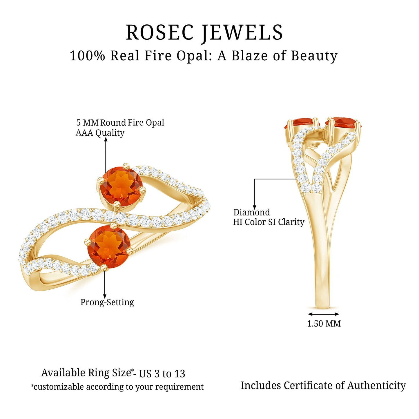 Fire Opal and Diamond Two Stone Cocktail Engagement Ring