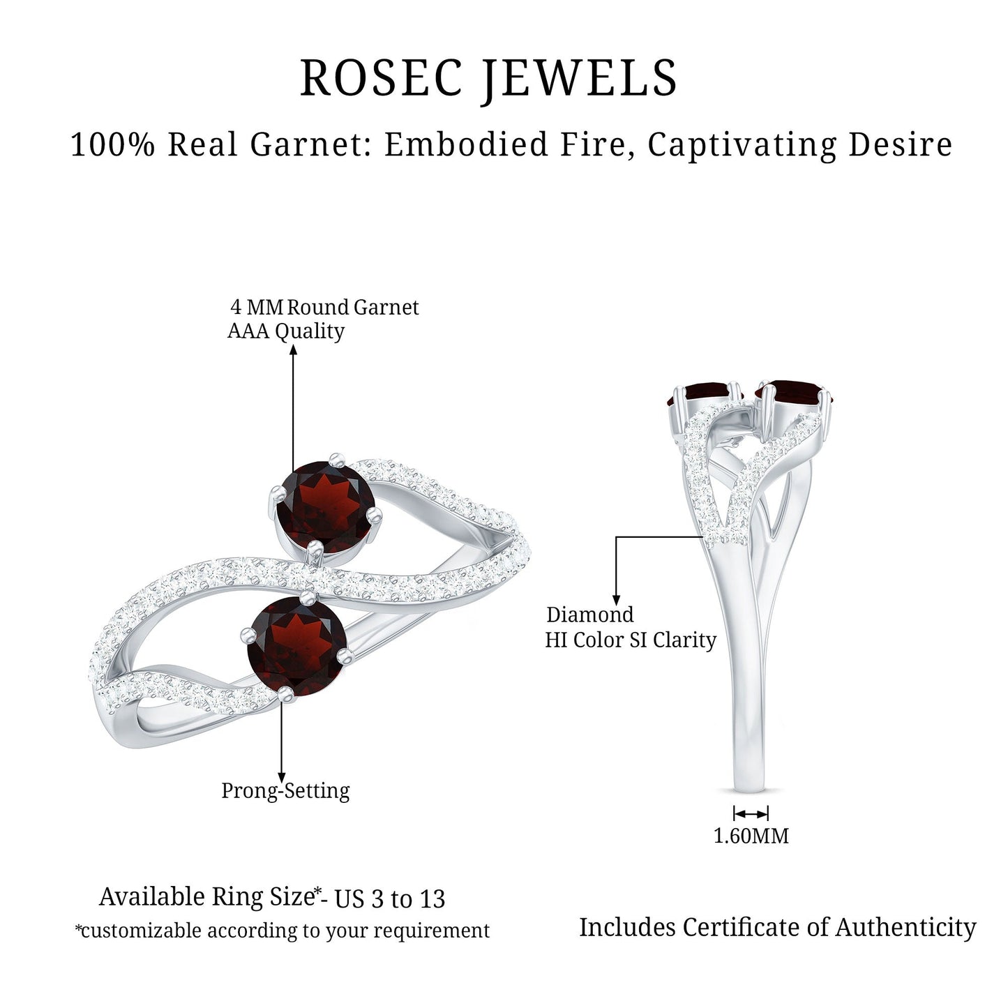 Natural Garnet 2 Stone Engagement Ring with Diamond