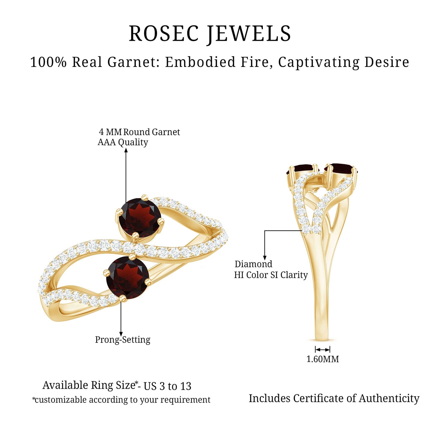 Natural Garnet 2 Stone Engagement Ring with Diamond