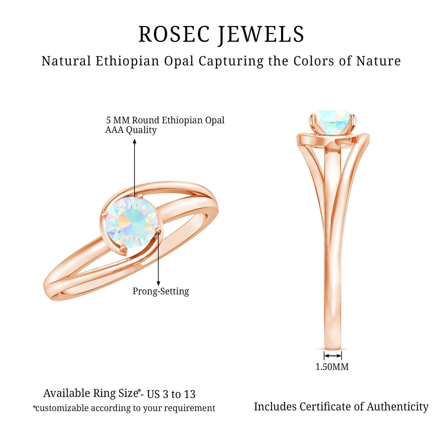 Natural Ethiopian Opal Solitaire Ring with Bypass Shank