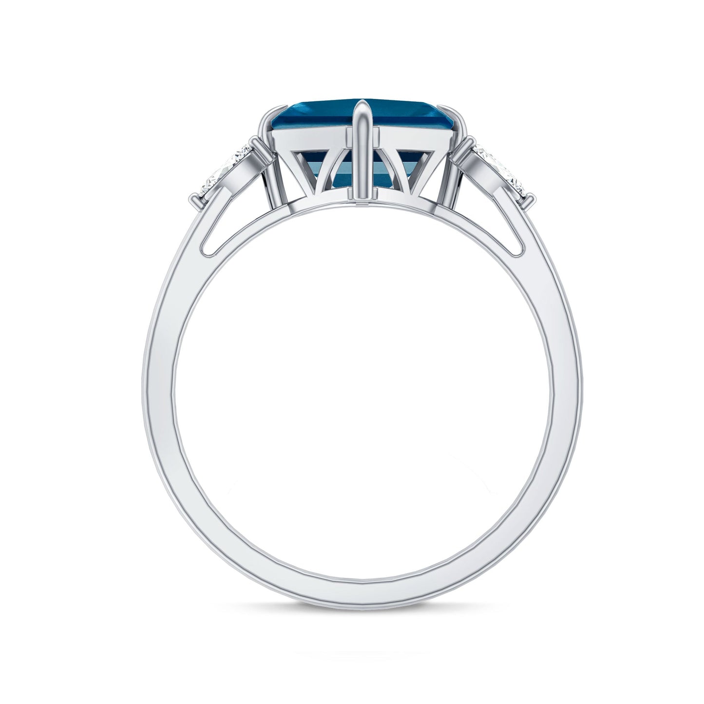 3 Carat Asscher Cut London Blue Topaz Diagonal Solitaire Ring with Marquise Diamond