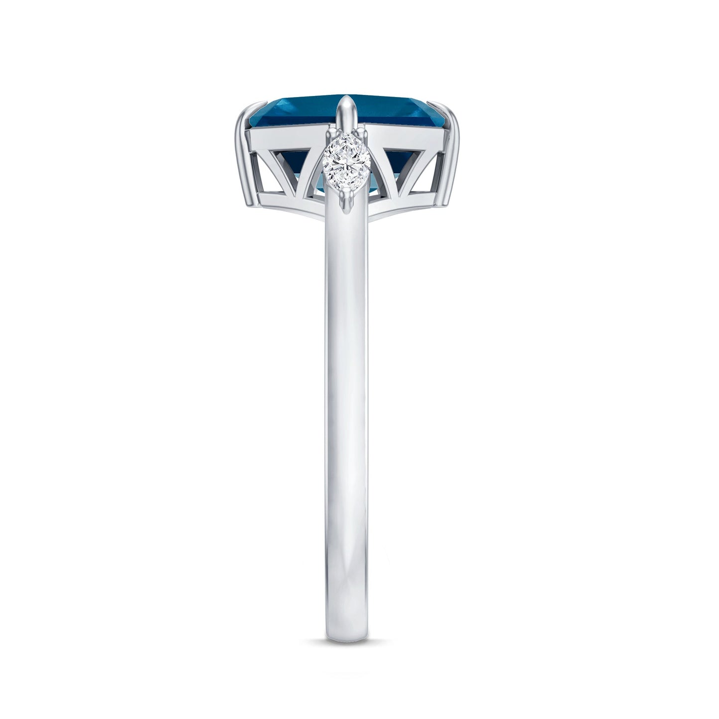 3 Carat Asscher Cut London Blue Topaz Diagonal Solitaire Ring with Marquise Diamond