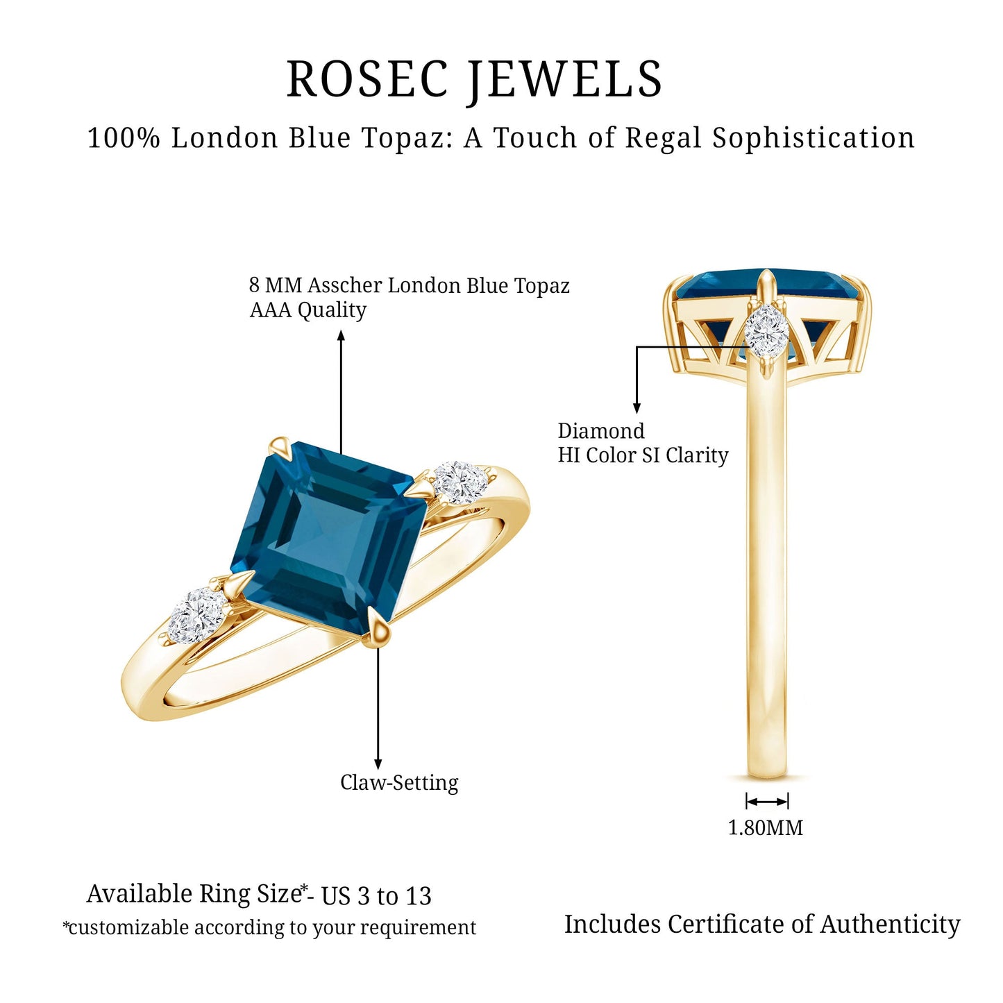 3 Carat Asscher Cut London Blue Topaz Diagonal Solitaire Ring with Marquise Diamond