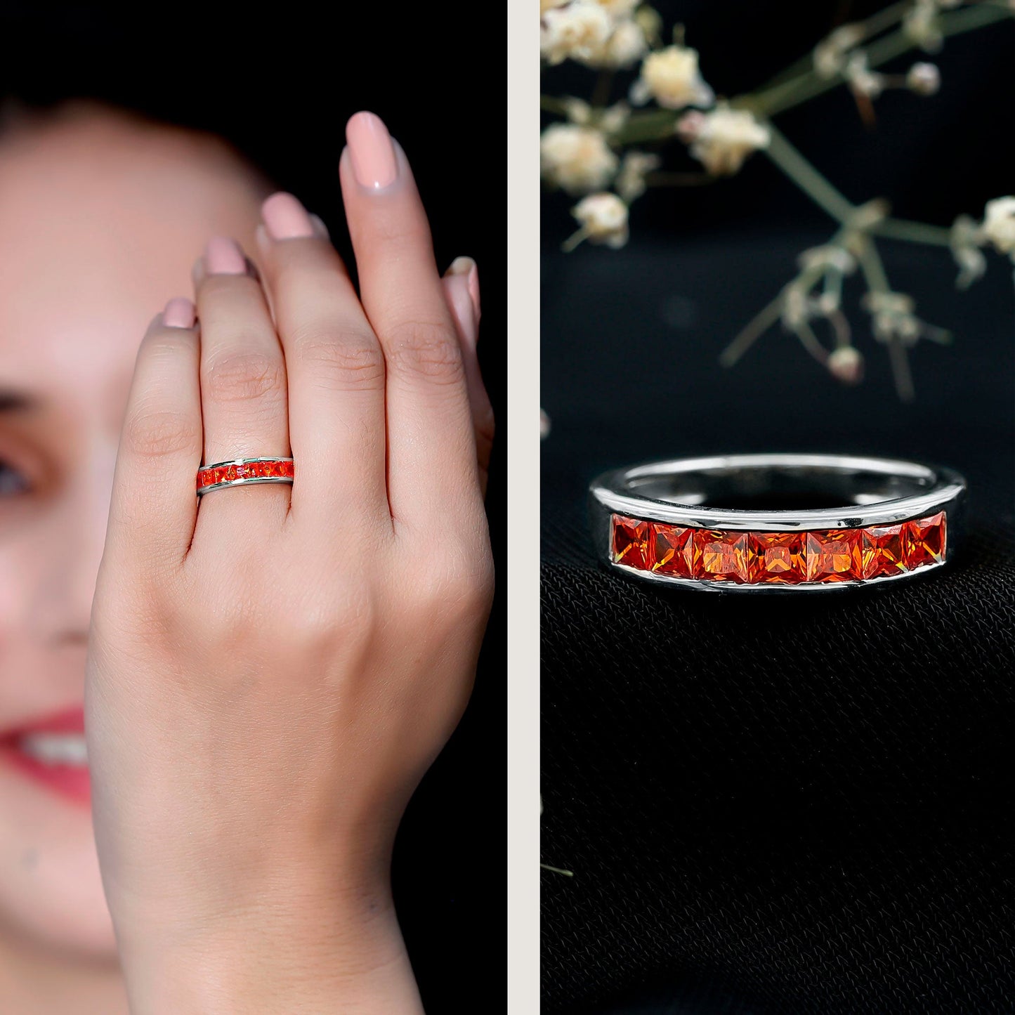 Princess Cut Lab Grown Orange Sapphire Half Eternity Band in Channel Set