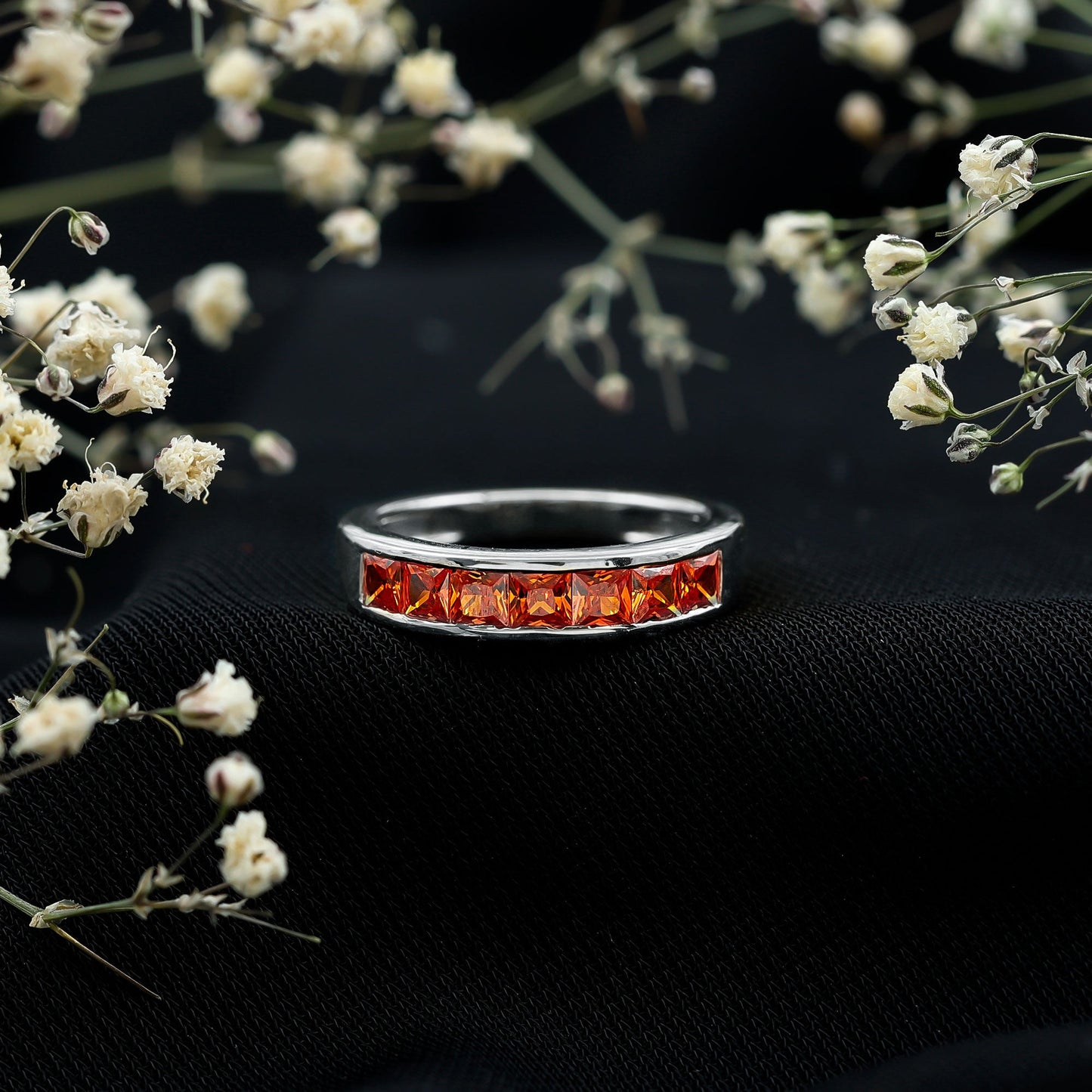 Princess Cut Lab Grown Orange Sapphire Half Eternity Band in Channel Set
