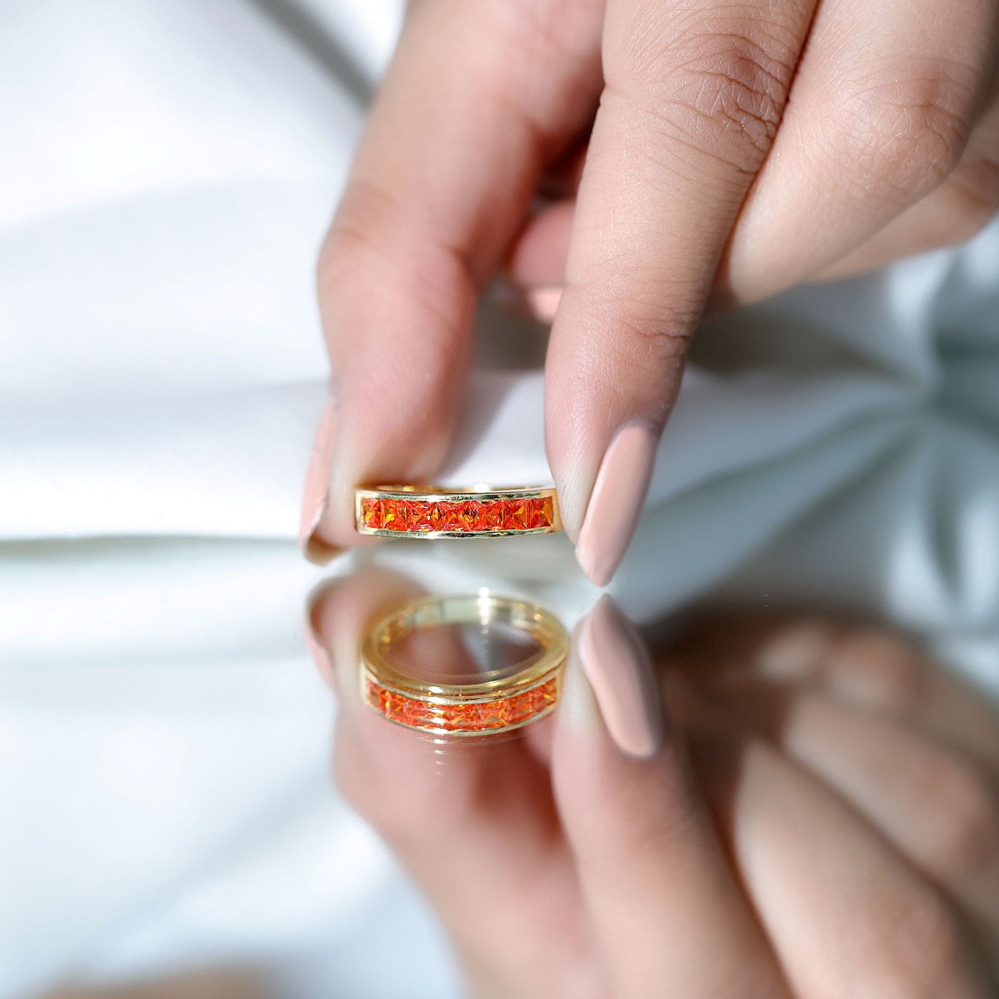 Princess Cut Lab Grown Orange Sapphire Half Eternity Band in Channel Set