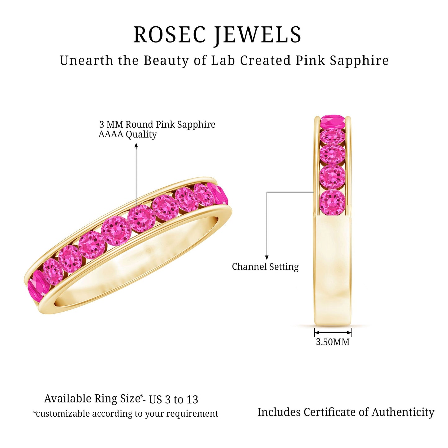 Round Lab Created Pink Sapphire Half Eternity Band in Channel Setting
