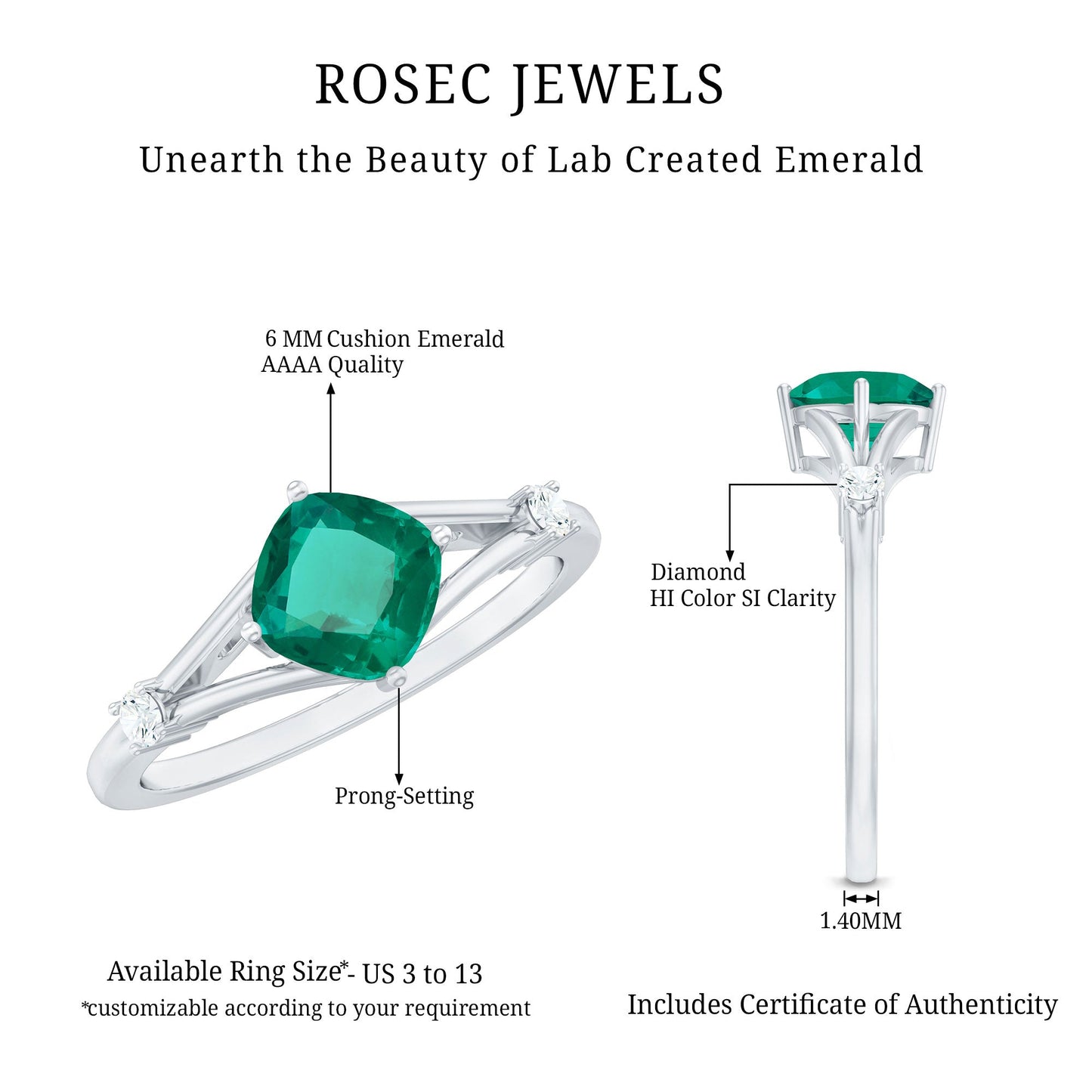 Certified 0.9 Carat Cushion Cut Lab Grown Emerald Diamond Engagement Ring with Split Shank