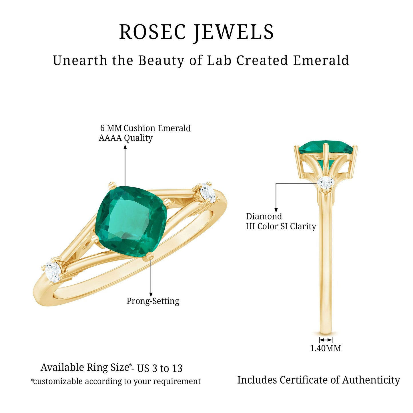 Certified 0.9 Carat Cushion Cut Lab Grown Emerald Diamond Engagement Ring with Split Shank