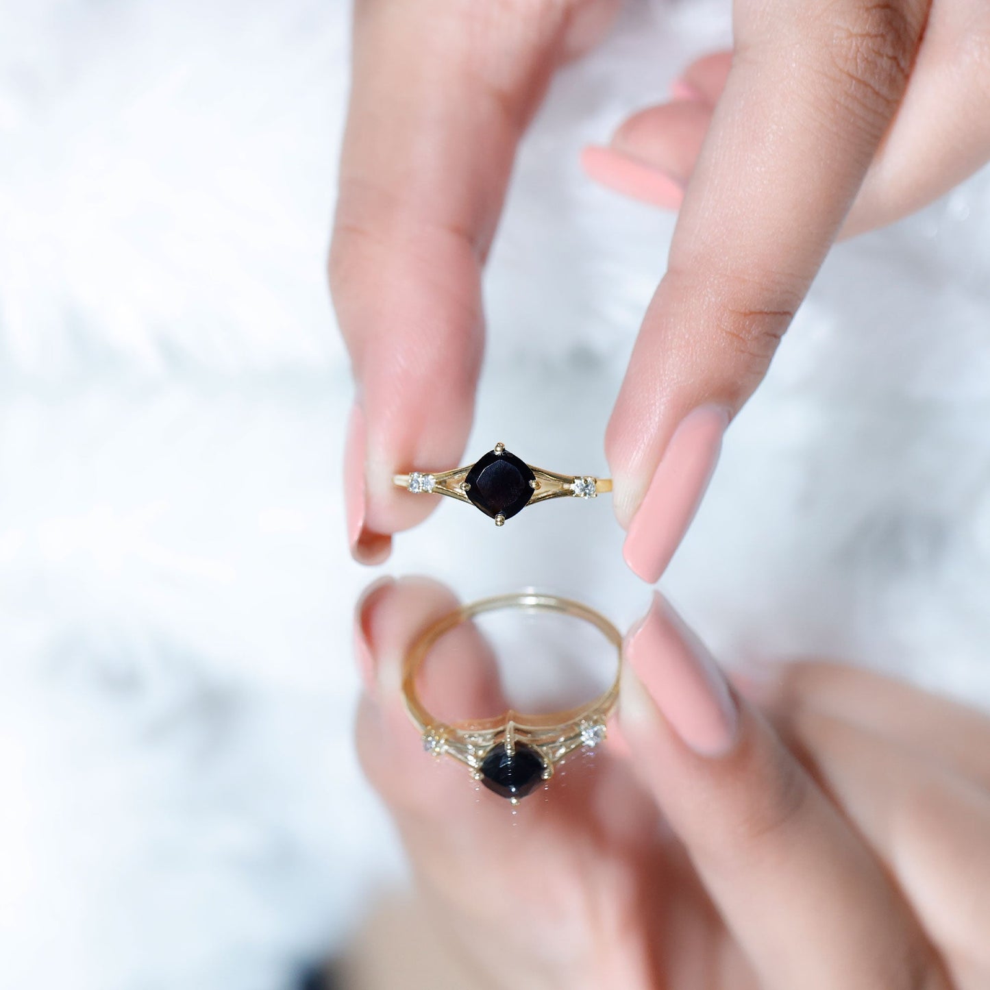 Cushion Black Onyx Split Shank Engagement Ring with Diamond