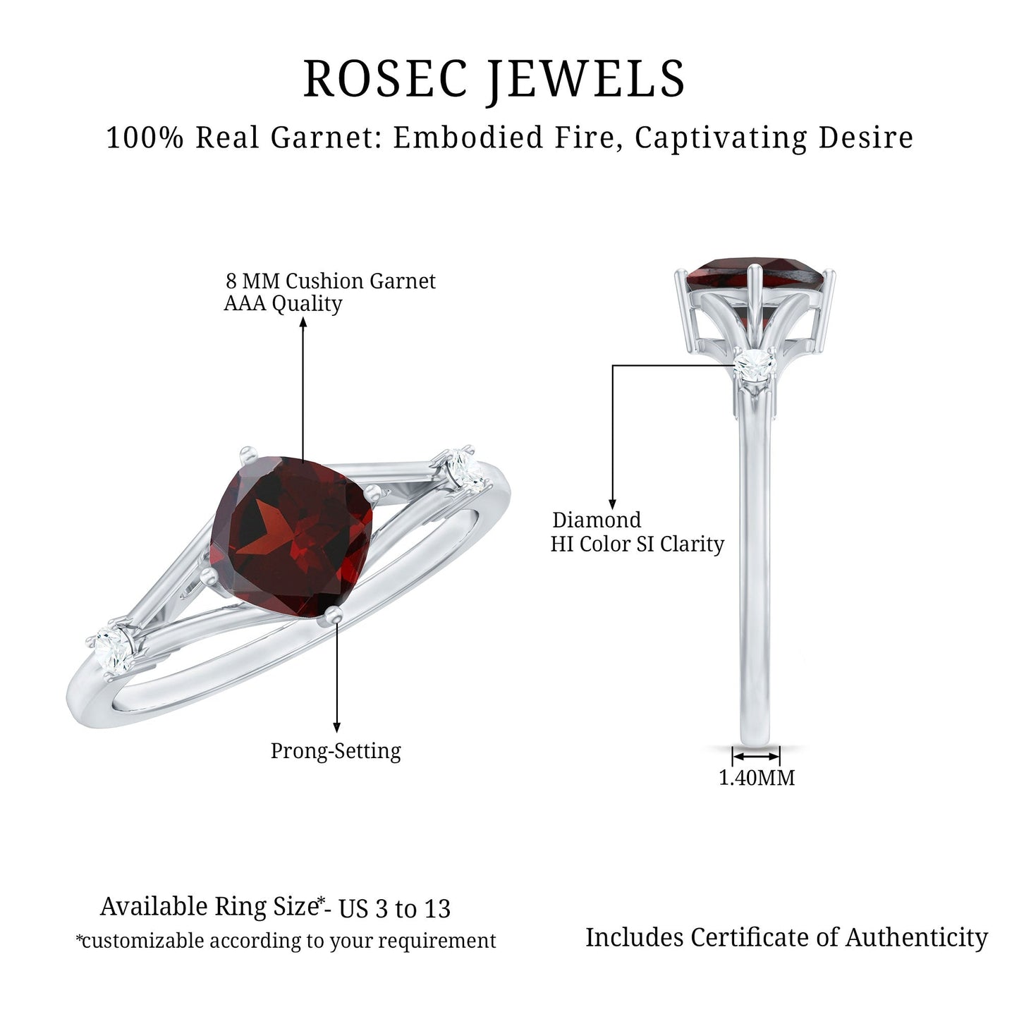 3.2 Carat Genuine Garnet Diamond Cushion Cut Engagement Ring with Split Shank