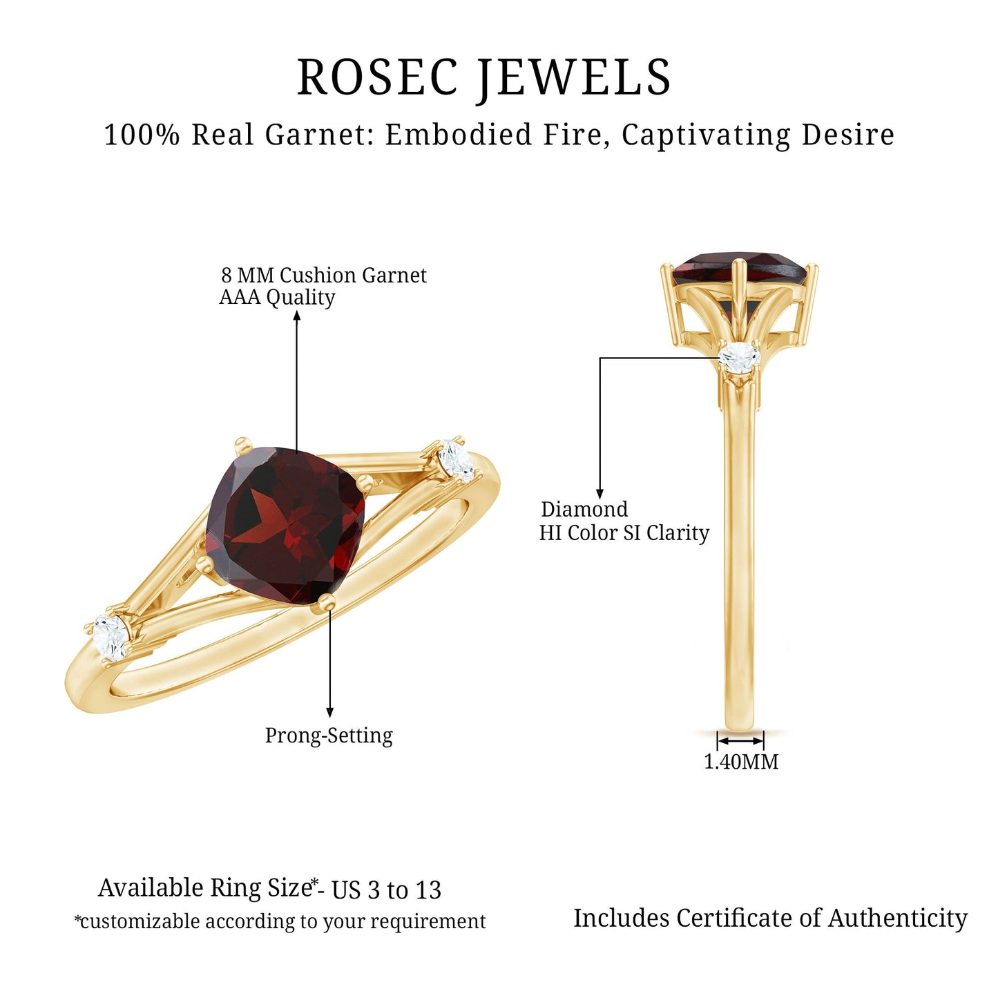 3.2 Carat Genuine Garnet Diamond Cushion Cut Engagement Ring with Split Shank