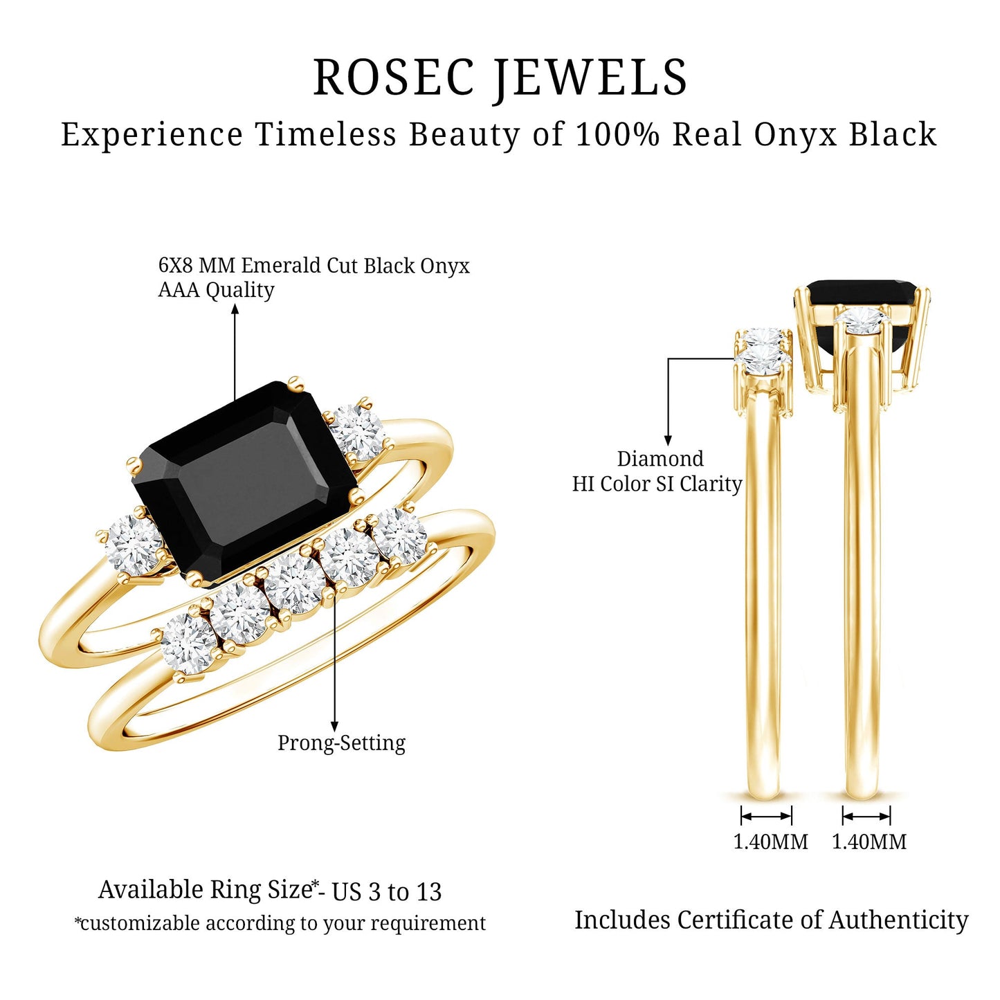 Emerald Cut Black Onyx and Diamond Wedding Ring Set