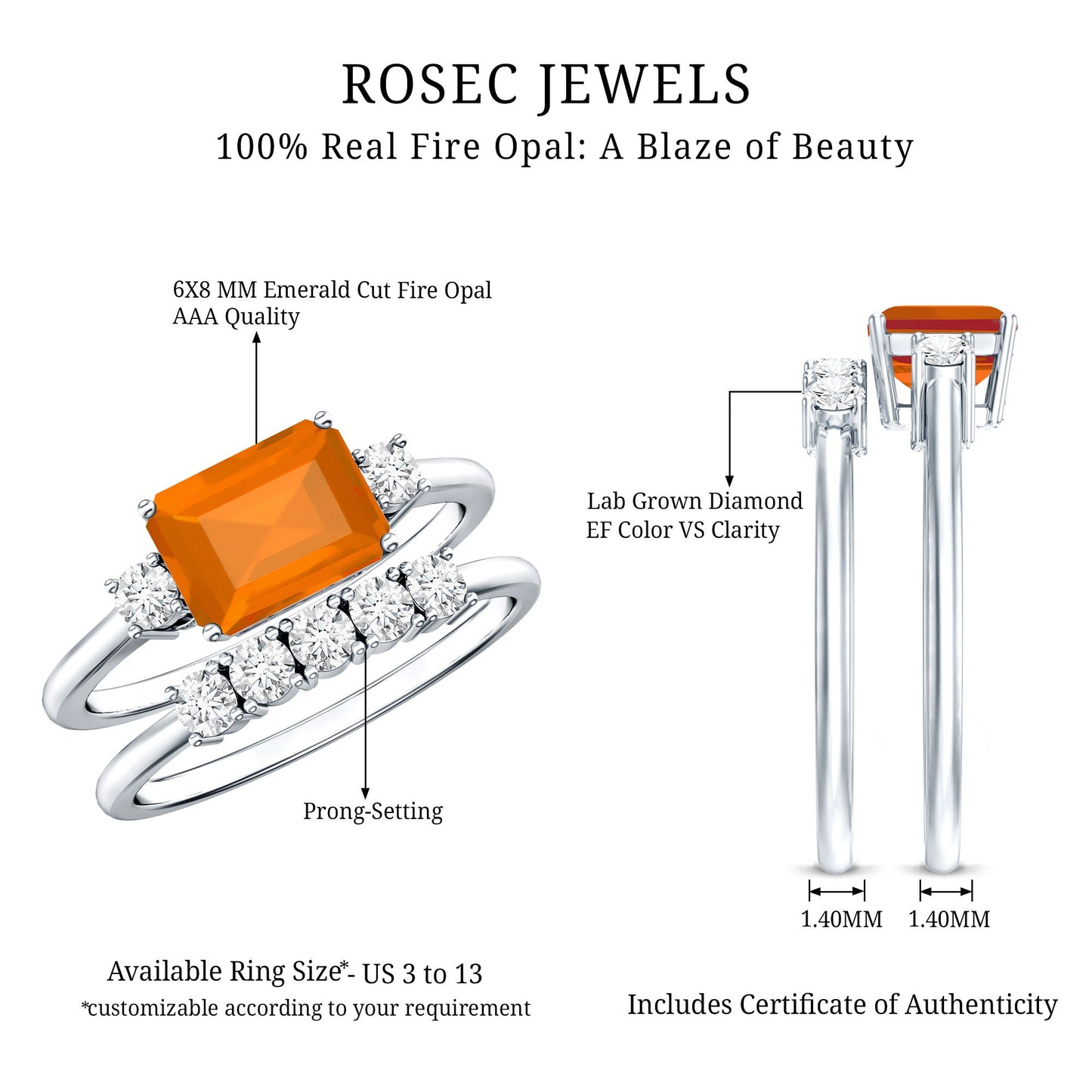 1 Carat Emerald Cut Fire Opal and Diamond Engagement Ring with Enhancer