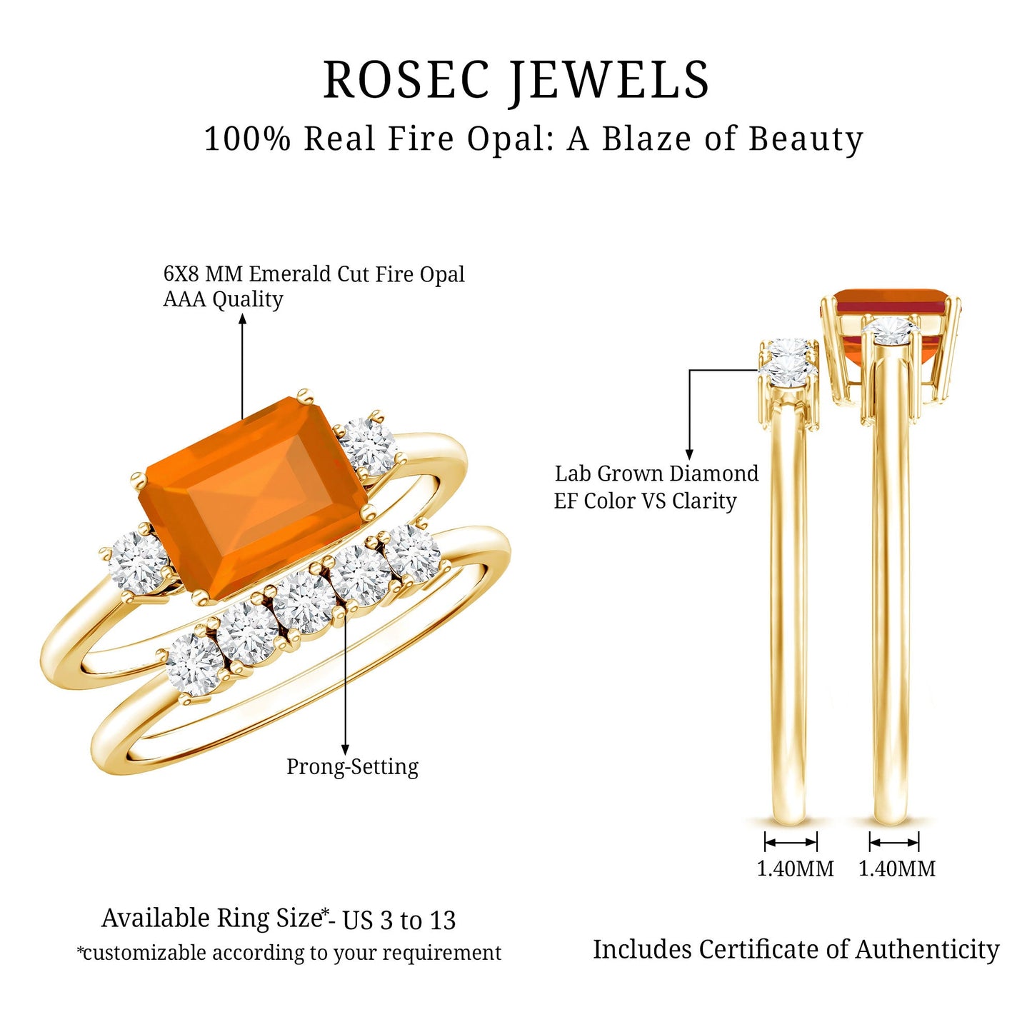 1 Carat Emerald Cut Fire Opal and Diamond Engagement Ring with Enhancer
