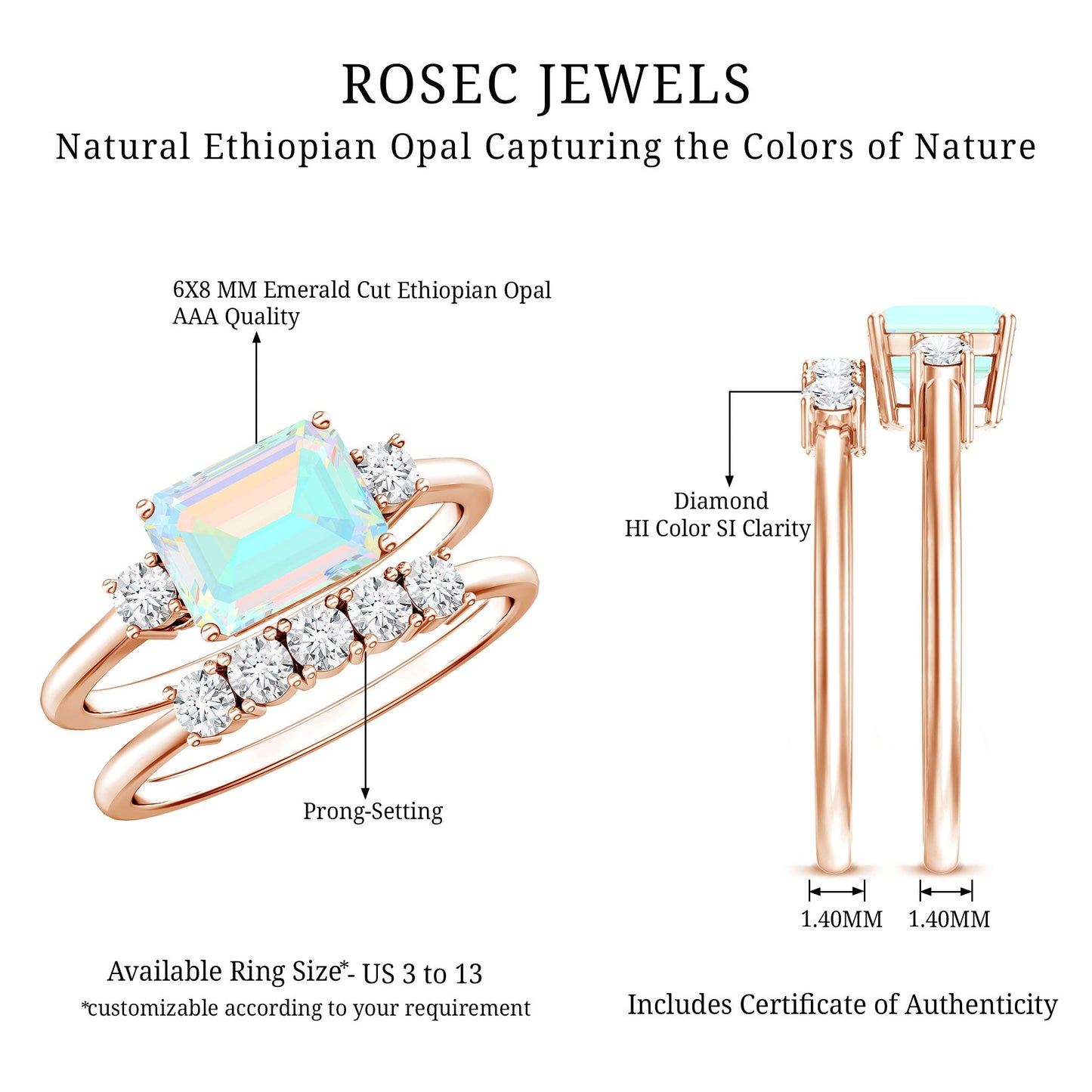 Natural Ethiopian Opal Diamond Emerald Cut Engagement Ring and Wedding Band Set