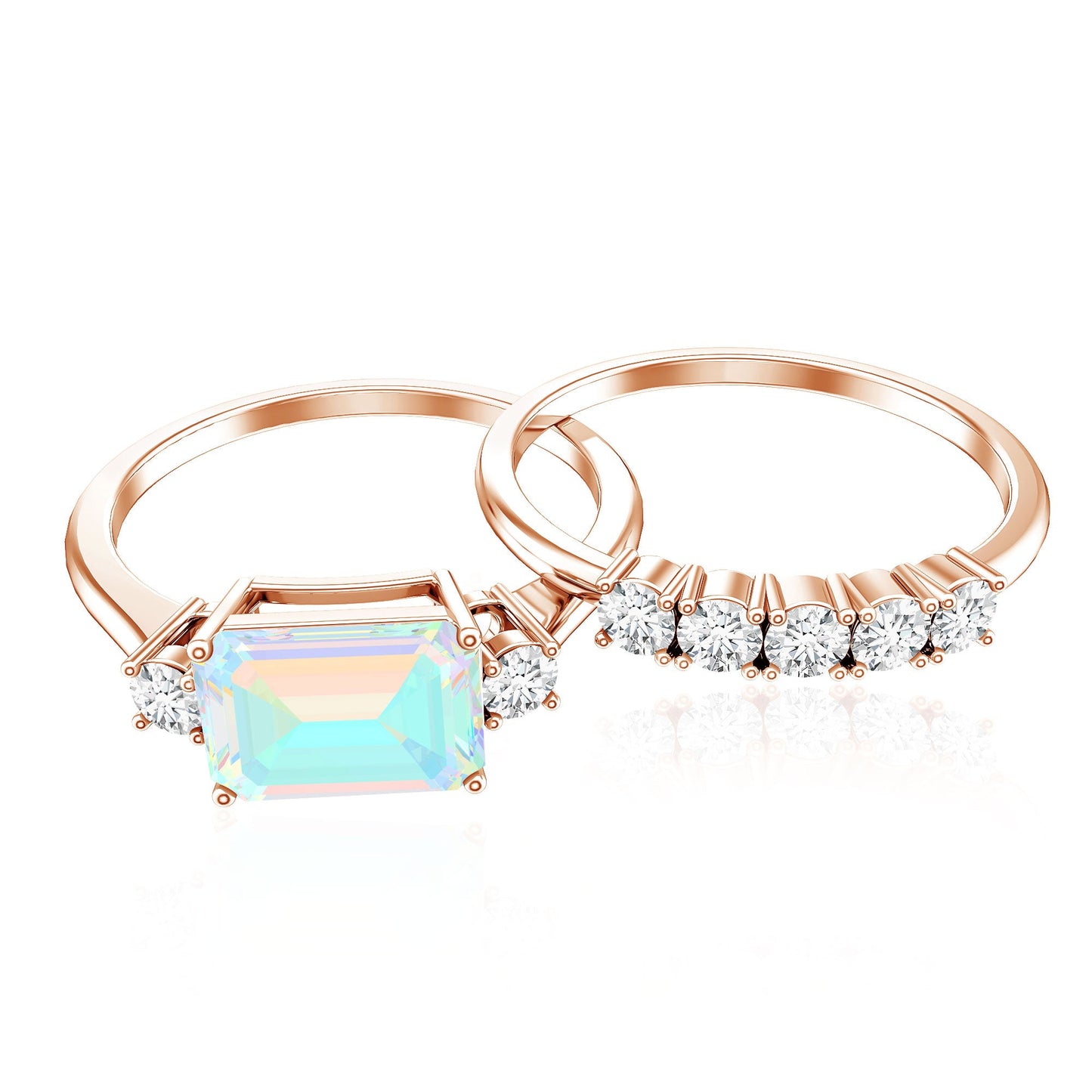 Natural Ethiopian Opal Diamond Emerald Cut Engagement Ring and Wedding Band Set