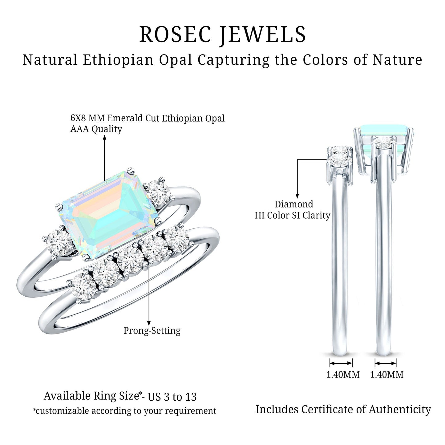 Natural Ethiopian Opal Diamond Emerald Cut Engagement Ring and Wedding Band Set