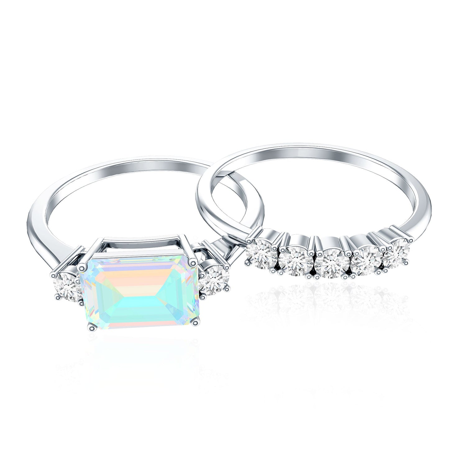 Natural Ethiopian Opal Diamond Emerald Cut Engagement Ring and Wedding Band Set