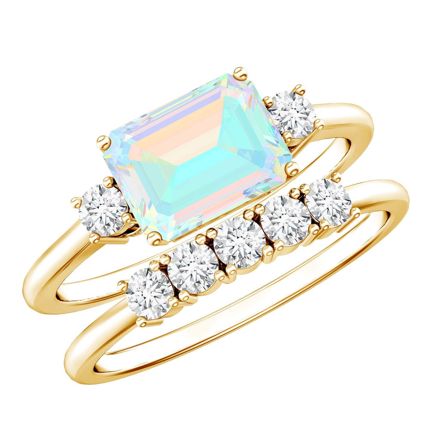 Natural Ethiopian Opal Diamond Emerald Cut Engagement Ring and Wedding Band Set