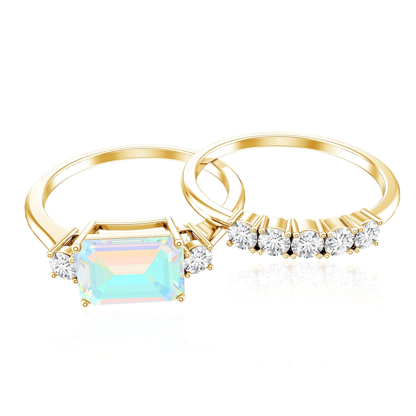 Natural Ethiopian Opal Diamond Emerald Cut Engagement Ring and Wedding Band Set