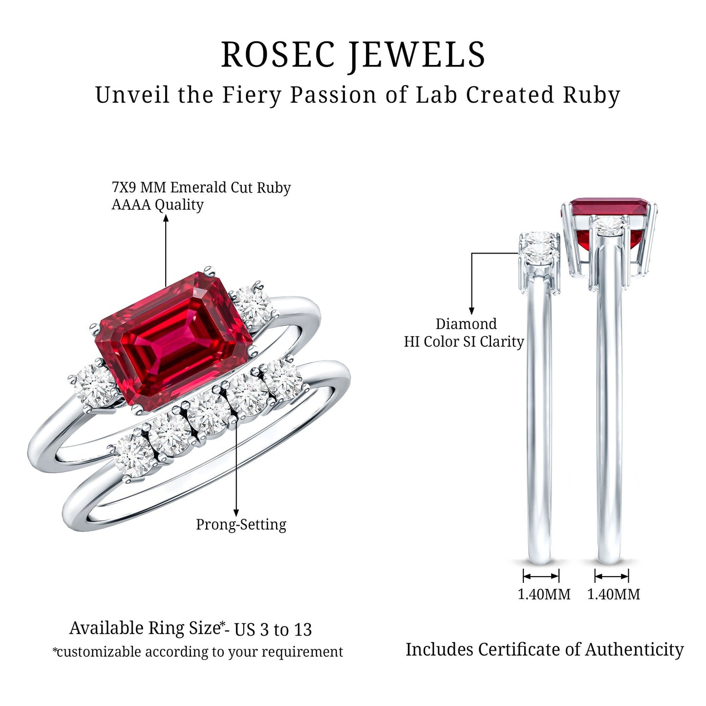 East West Set Emerald Cut Lab Ruby Engagement Ring with Diamond Wedding Band