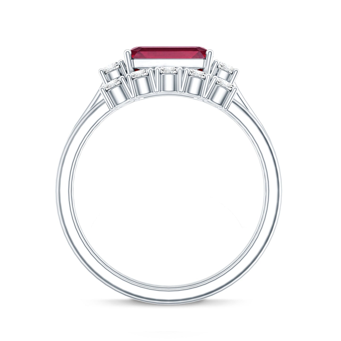 East West Set Emerald Cut Lab Ruby Engagement Ring with Diamond Wedding Band