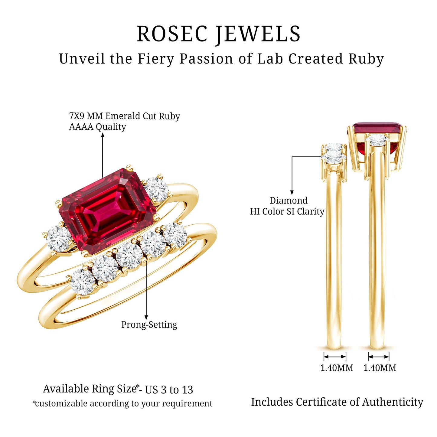 East West Set Emerald Cut Lab Ruby Engagement Ring with Diamond Wedding Band
