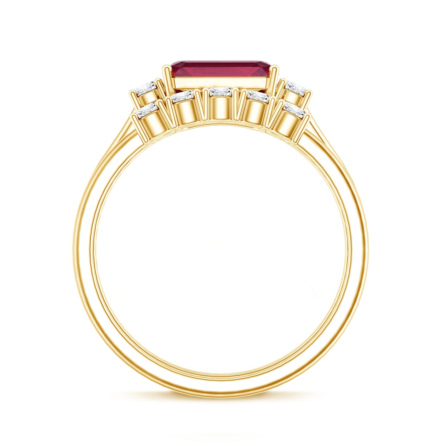 East West Set Emerald Cut Lab Ruby Engagement Ring with Diamond Wedding Band