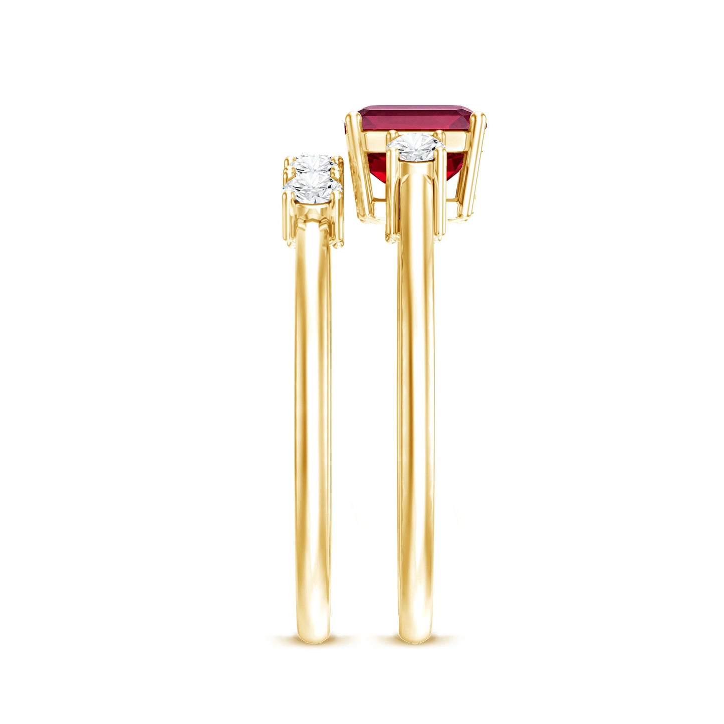East West Set Emerald Cut Lab Ruby Engagement Ring with Diamond Wedding Band