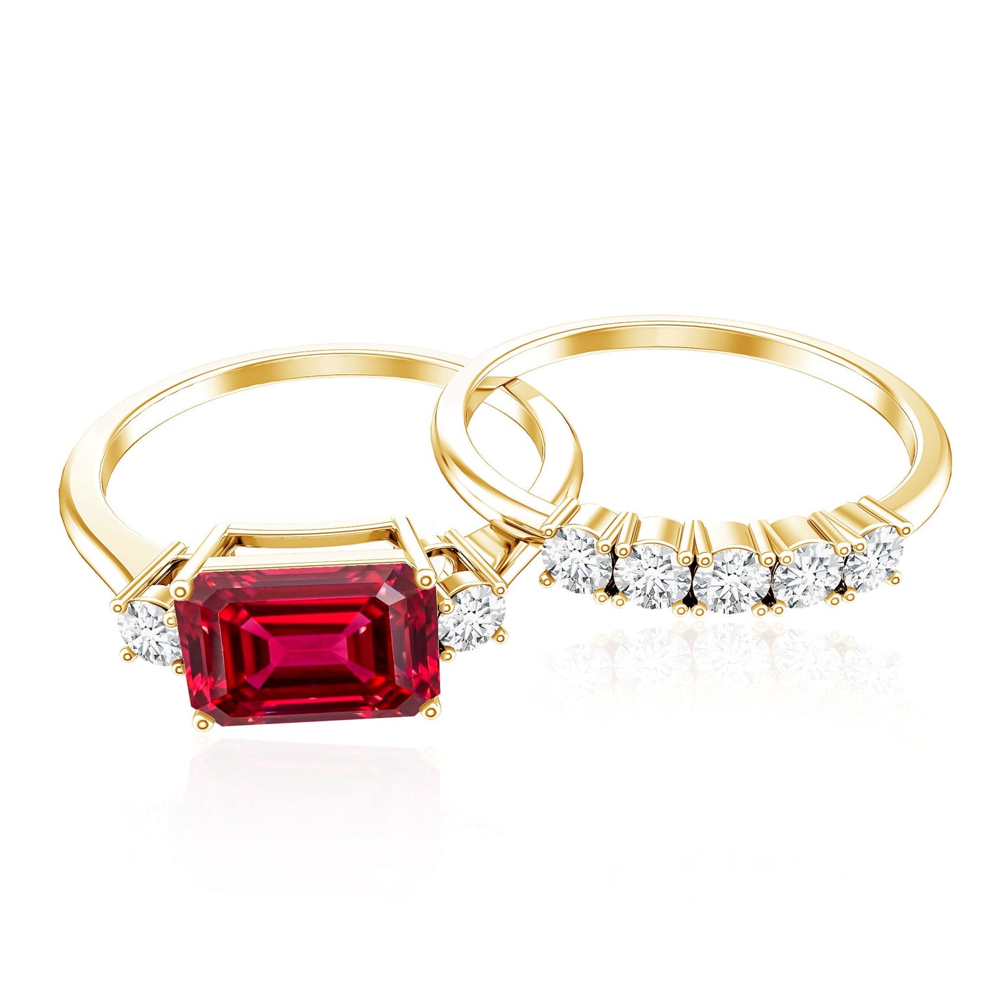 East West Set Emerald Cut Lab Ruby Engagement Ring with Diamond Wedding Band