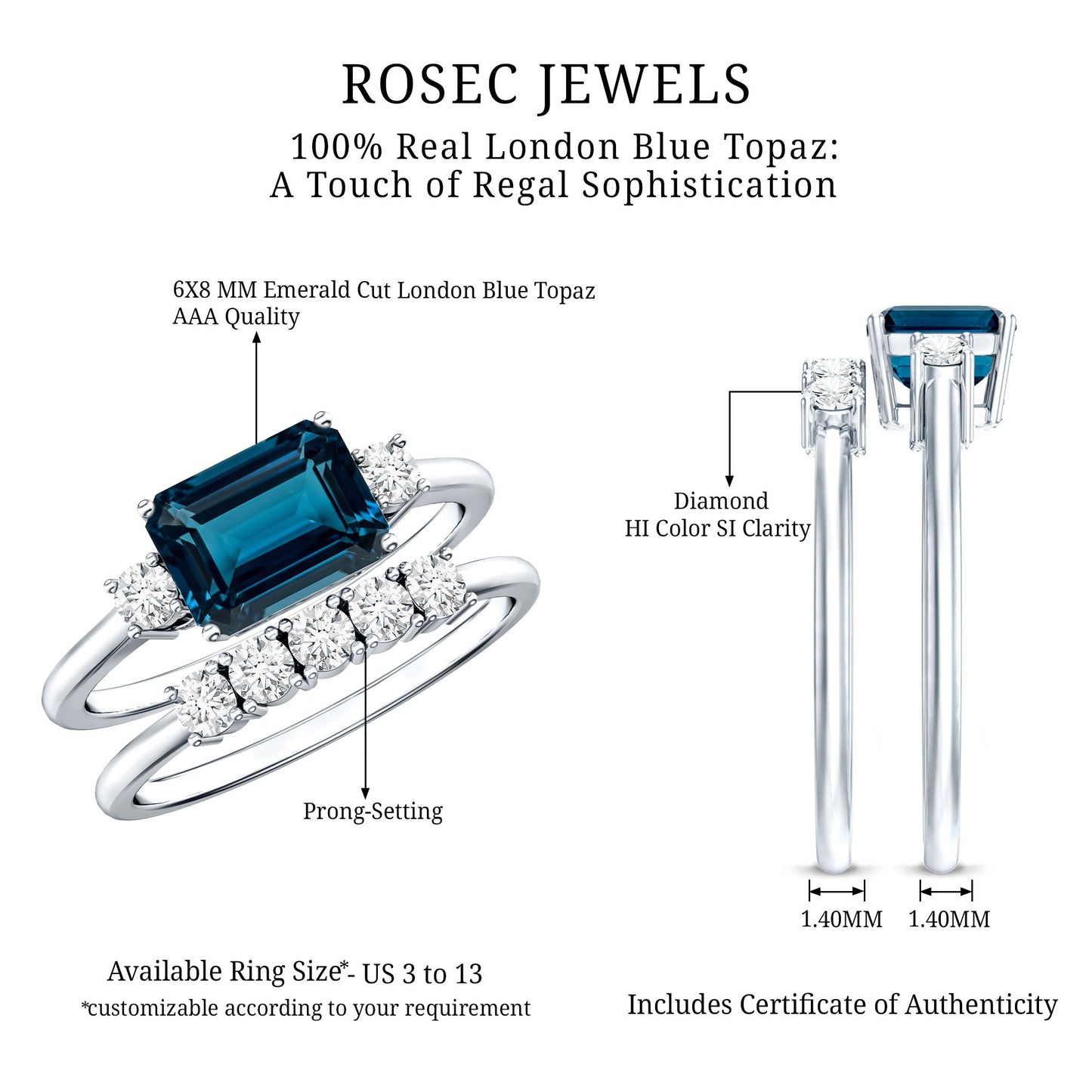 Genuine Emerald Cut London Blue Topaz Engagement Ring with Diamond Wedding Band