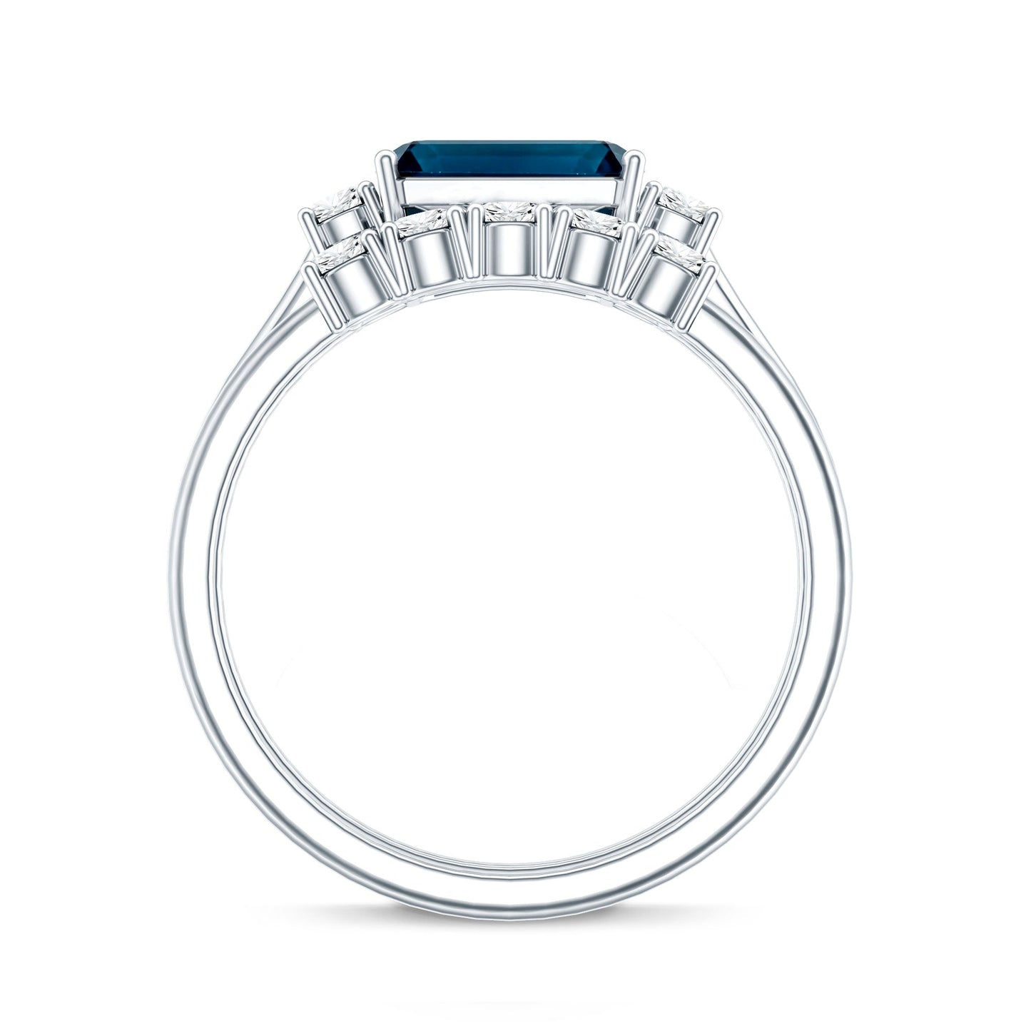 Genuine Emerald Cut London Blue Topaz Engagement Ring with Diamond Wedding Band