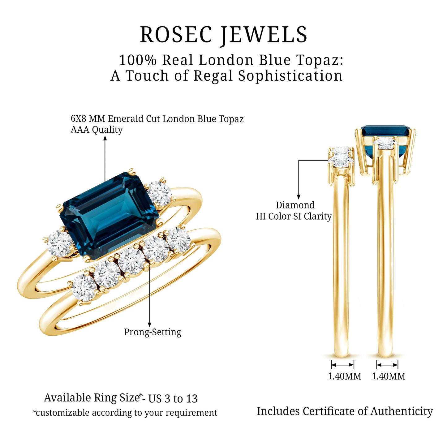 Genuine Emerald Cut London Blue Topaz Engagement Ring with Diamond Wedding Band