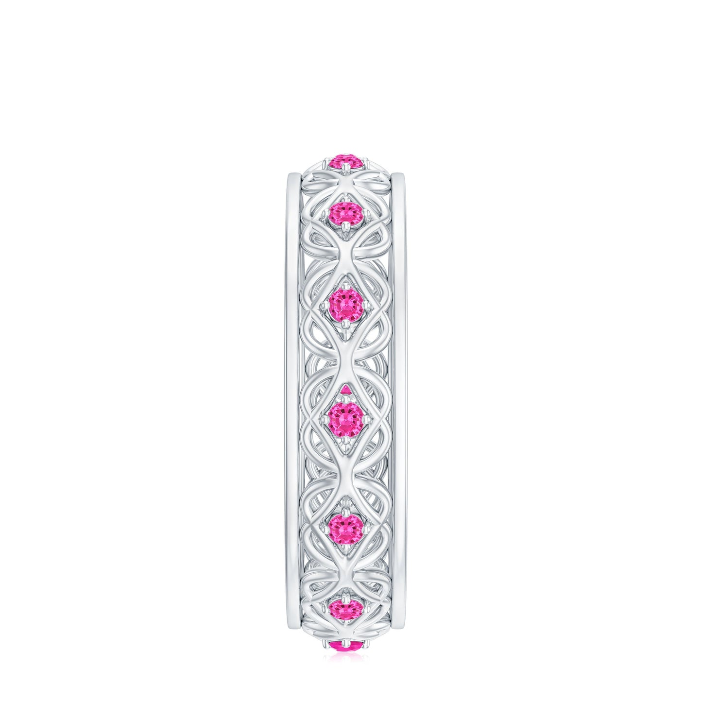 Lab Created Pink Sapphire Wedding Band with Celtic Details