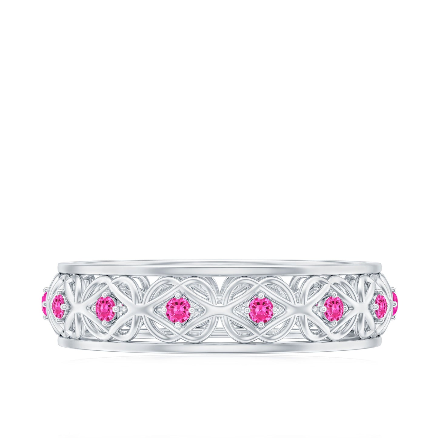 Lab Created Pink Sapphire Wedding Band with Celtic Details