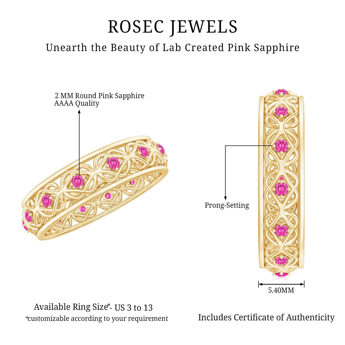 Lab Created Pink Sapphire Wedding Band with Celtic Details